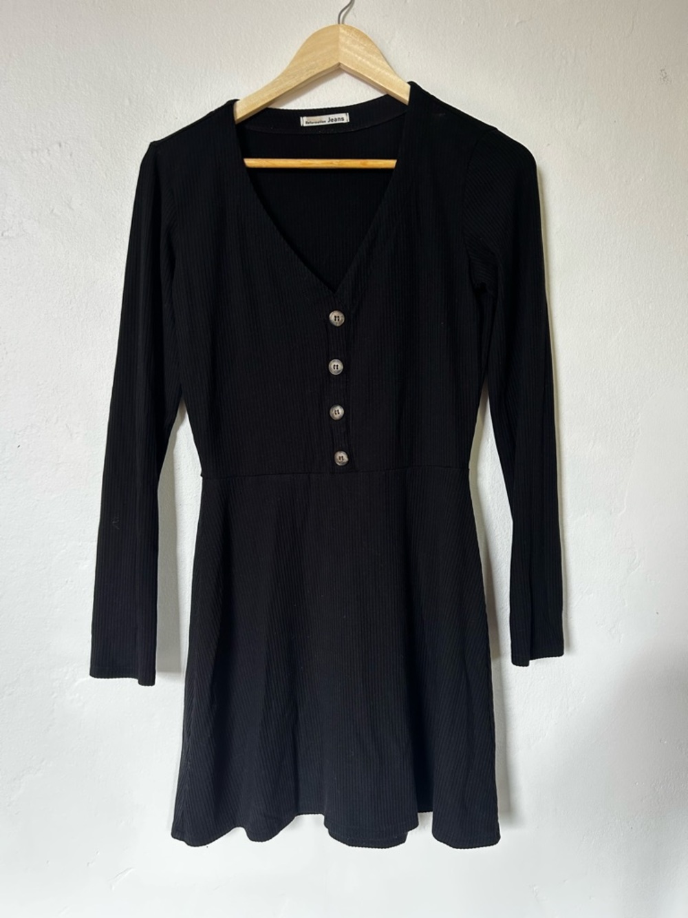 Reformation Black Ribbed V-Neck Long Sleeve Dress